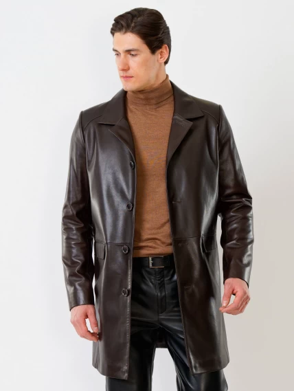 Удлиненный кожаный мужской пиджак премиум класса 539, коричневый, размер 48, артикул 29540-2