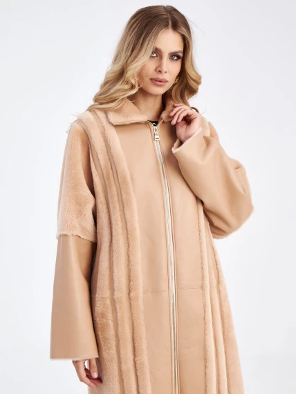 Длинное молодежное женское пальто из натуральной овчины премиум класса 2045, бежевое, размер 44, артикул 63960-0