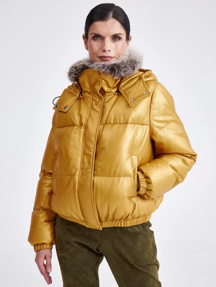 Женская кожаная куртка бомбер с меховым капюшоном 3027, желтая, размер 44, артикул 25440-0