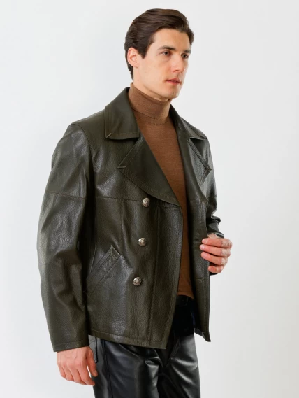 Кожаный комплект мужской: Куртка Клуб + Брюки 01, оливковый/черный, размер 48, артикул 140200-4