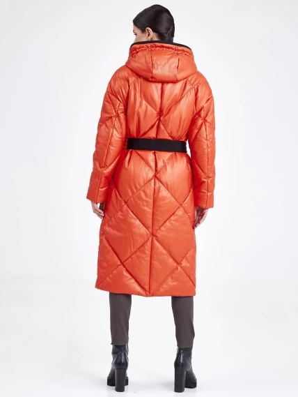 Кожаное женское стеганное пальто с капюшоном премиум класса 3026, оранжевое, размер 48, артикул 25410-6