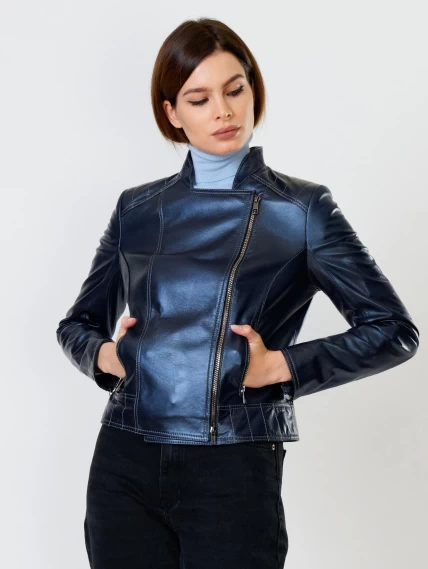 Кожаная куртка косуха женская 300, синий перламутр, размер 52, артикул 90991-2