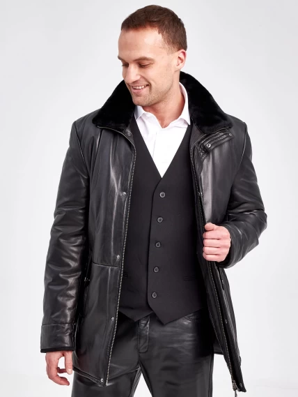Кожаная зимняя мужская куртка с воротником из овчины 5723, черная, размер 46, артикул 40960-6