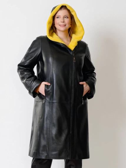 Кожаное женское пальто с капюшоном на подстежке из астрагана премиум класса 3011, черное, размер 48, артикул 25650-5