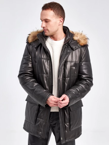 Кожаная утепленная мужская куртка аляска с капюшоном и мехом енота 5619, черная, размер 50, артикул 40970-6