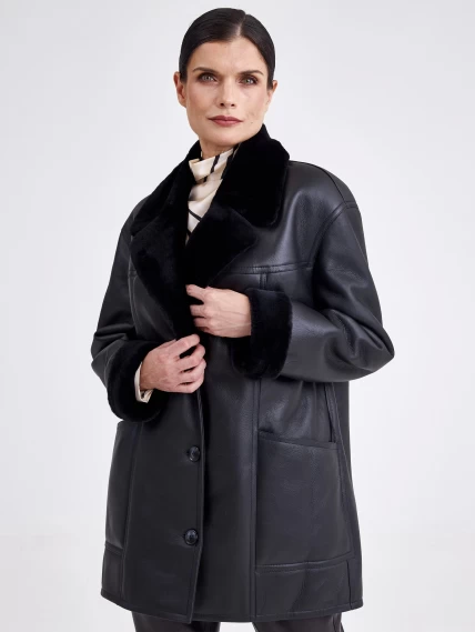 Короткая женская дубленка пиджак с поясом премиум класса 2011, черная, размер 46, артикул 62660-3