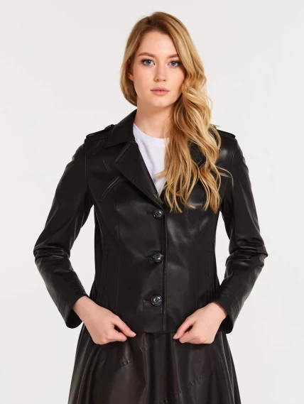 Короткая женская кожаная куртка пиджак 304, черная, размер 44, артикул 90380-2