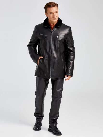 Удлиненная зимняя мужская кожаная куртка на подстежке из овчины премиум классса 537мех, черная, размер 60, артикул 40411-5