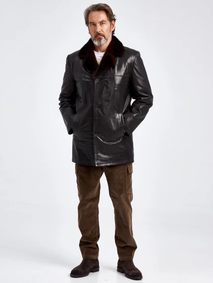 Зимняя мужская кожаная куртка на подкладке из овчины с воротником меха норки премиум класса 5450, коричневая, размер 46, артикул 40640-3