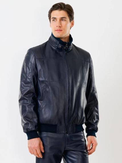 Кожаная куртка бомбер мужская премиум класса 521, синяя, размер 48, артикул 28641-0