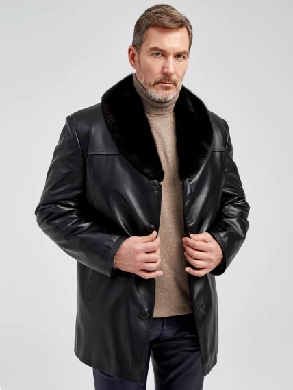 Мужская зимняя кожаная куртка с норковым воротником премиум класса 534мех, черная, размер 50, артикул 40492-0
