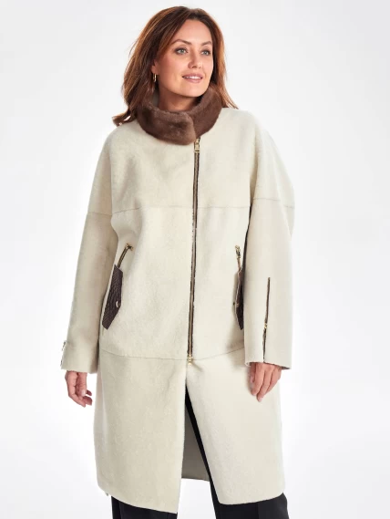 Женское пальто из овчины с воротником из меха норки премиум класса 2022, белое, размер 50, артикул 63300-1