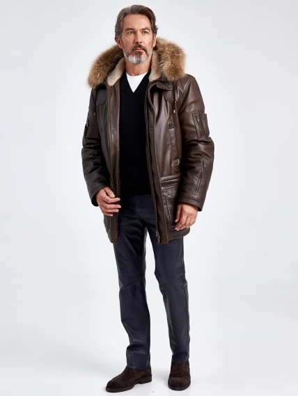 Утепленная мужская кожаная куртка аляска с мехом енота Алекс, темно-коричневая, размер 48, артикул 40721-1