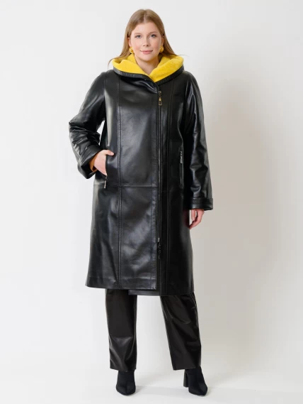 Кожаное женское пальто с капюшоном на подстежке из астрагана премиум класса 3011, черное, размер 48, артикул 25650-0