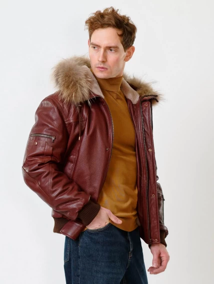 Кожаная мужская куртка аляска утепленная с мехом енота 509, виски, размер 48, артикул 40190-5