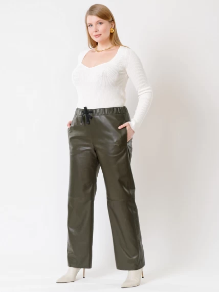 Кожаные широкие женские брюки из натуральной кожи 06, оливковые, размер 48, артикул 85510-0