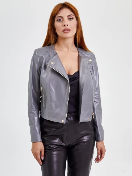 Кожаный комплект женский: Куртка 389 + Брюки 03, серый/черный, размер 42, артикул 111117-5