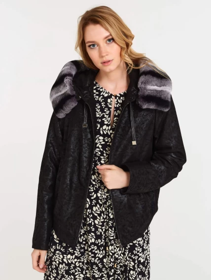 Короткая замшевая утепленная женская куртка с мехом "рекса" 308ш, черная, размер 46, артикул 23620-0