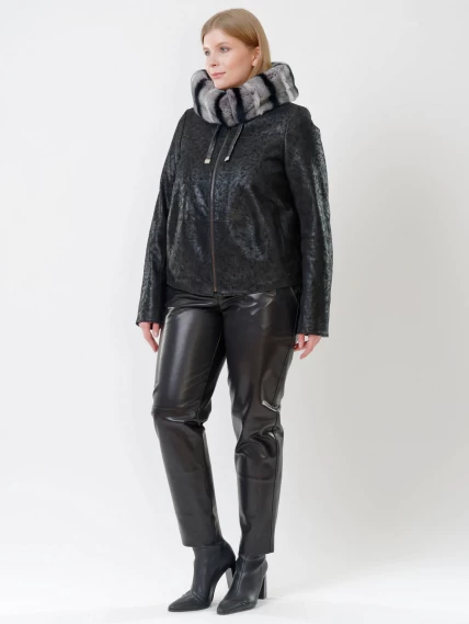 Короткая замшевая утепленная женская куртка с мехом "рекса" 308ш, черная, размер 46, артикул 23731-4