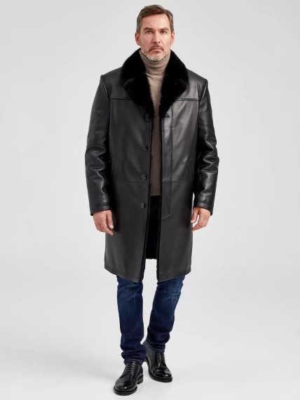 Мужское зимнее кожаное пальто с норковым воротником премиум класса 533мех, черное, размер 50, артикул 71062-6
