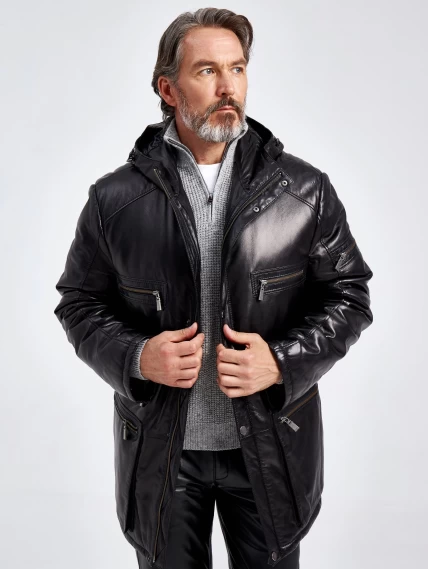 Утепленная мужская кожаная куртка с капюшоном 513, черная, размер 56, артикул 29100-3