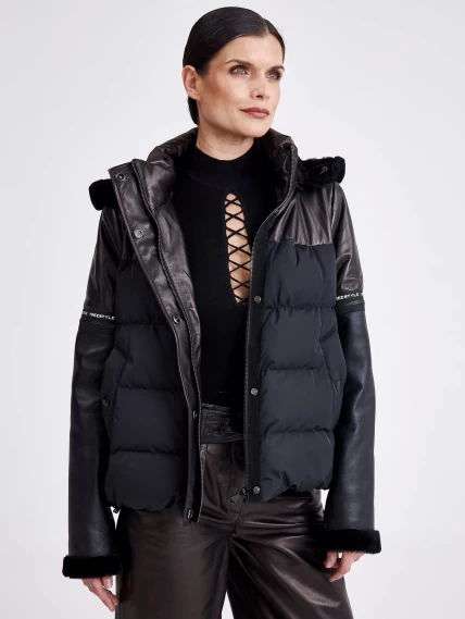 Комбинированная женская кожаная куртка с капюшоном 3030, черная, размер 44, артикул 23360-6