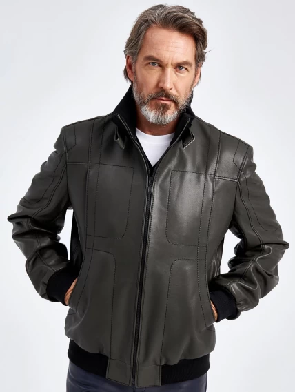 Кожаная куртка бомбер мужская премиум класса 521, оливковая, размер 50, артикул 29061-0