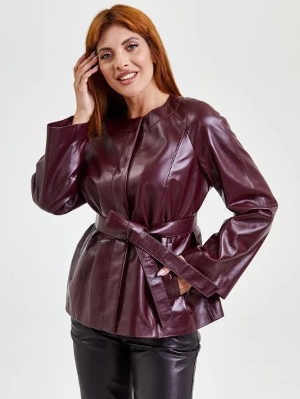 Кожаная женская куртка без воротника с поясом 3019, бордовая, размер 50, артикул 91700-0