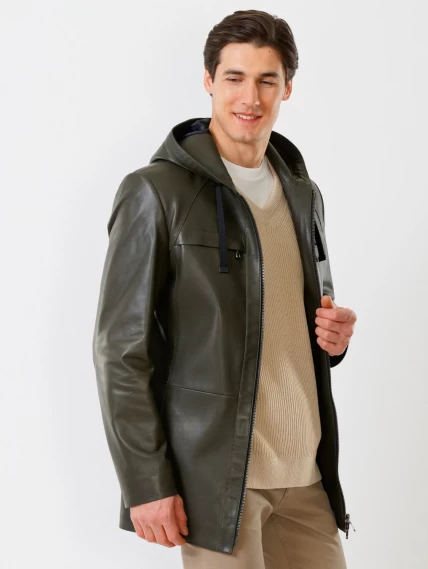 Удлиненная мужская кожаная куртка с капюшоном премиум класса 552, оливковая, размер 48, артикул 28760-0