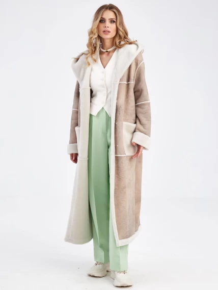 Женское длинное пальто оверсайз с капюшоном из меховой овчины премиум класса 2021, бежевое, размер 44, артикул 63900-1