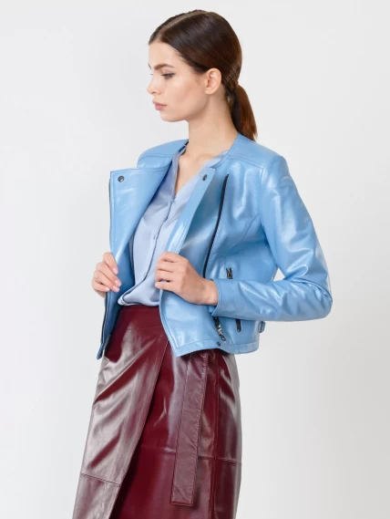 Кожаная женская куртка косуха 389, голубая, размер 44, артикул 91510-5