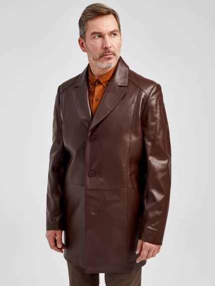 Кожаный пиджак удлиненный премиум класса для мужчин 541, коричневый, размер 48, артикул 29531-1