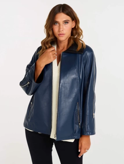 Кожаная женская куртка оверсайз 385, синяя, размер 48, артикул 90400-4