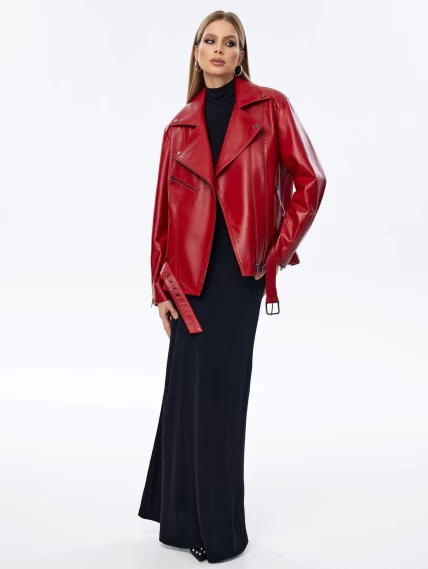 Кожаная женская куртка косуха с поясом 3013, красная, размер 48, артикул 91711-0