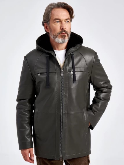 Кожаная утепленная мужская куртка с капюшоном премиум класса 552ш, хаки, размер 48, артикул 29590-0