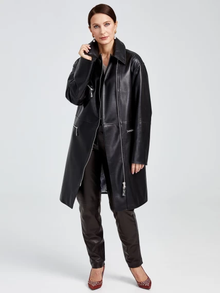 Кожаное женское пальто косуха оверсайз премиум класса 3015, черное, размер 50, артикул 25630-3