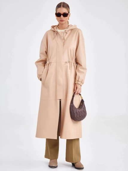 Женское кожаное пальто с капюшоном на молнии премиум класса 3033, бежевое, размер 44, артикул 63470-0