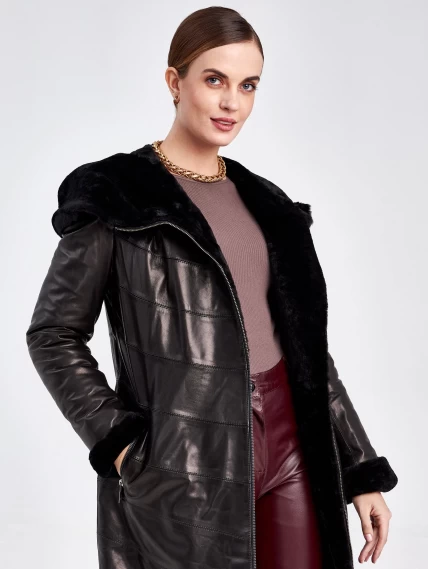 Кожаное пальто зимнее женское 391мех, с капюшоном, черное, размер 46, артикул 91820-3