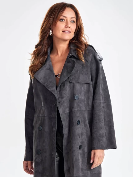 Замшевое двубортное женское пальто френч премиум класса 3070з, темно-серое, размер 44, артикул 63370-6