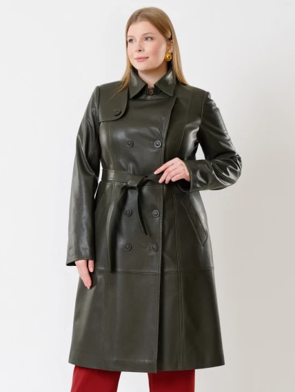 Кожаное двубортное женское пальто с поясом премиум класса 3003, оливковое, размер 48, артикул 63480-0