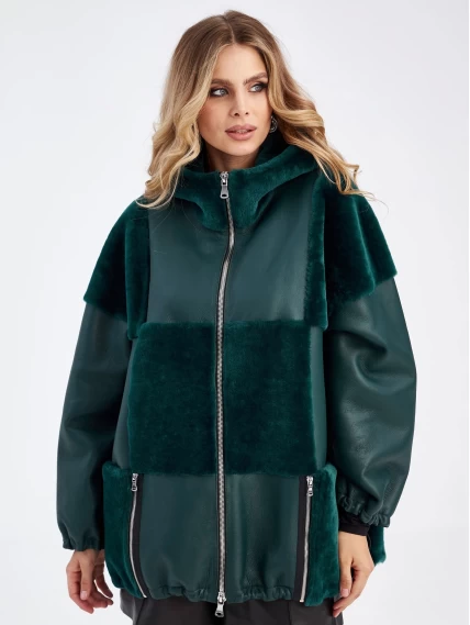 Комбинированная женская куртка из овчины с капюшоном премиум класса 2039, зеленая, размер 46, артикул 63560-0