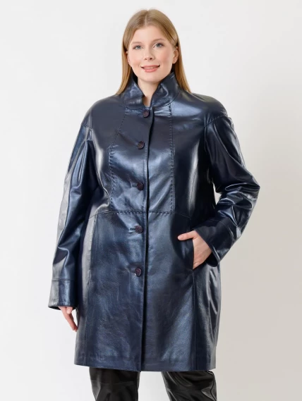 Кожаное пальто женское 378, синий перламутр, размер 48, артикул 91272-5
