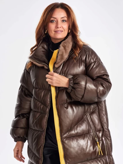 Cтеганное женское кожаное пальто с норковым воротником премиум класса 3073, коричневое, размер 50, артикул 63340-6