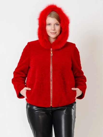 Демисезонный комплект женский: Куртка из астрагана 48мех + Брюки 03, красный/черный, размер 46, артикул 111289-5