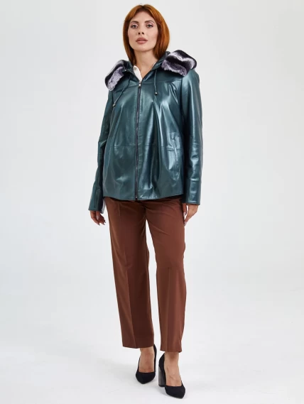 Кожаная женская куртка с капюшоном и мехом "рекса" 308уш, зеленый, размер 54, артикул 91751-1