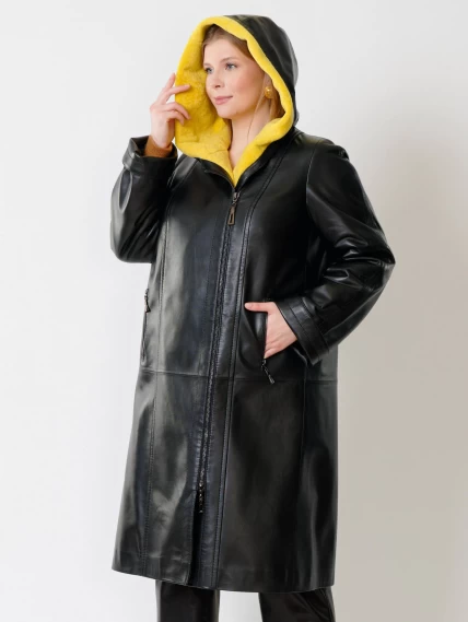 Кожаное женское пальто с капюшоном на подстежке из астрагана премиум класса 3011, черное, размер 48, артикул 25650-3
