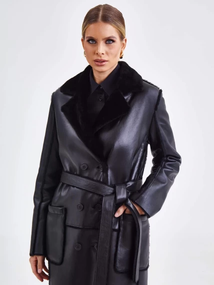 Двубортное женское пальто из натуральной овчины премиум класса 2000, черное, размер 48, артикул 63820-6
