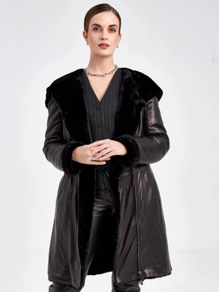 Кожаный плащ зимний женский 394мех, с капюшоном, черный, размер 46, артикул 92090-3