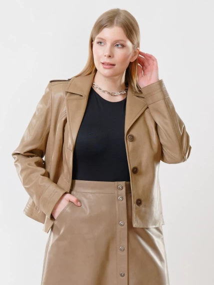 Короткая женская кожаная куртка пиджак 304, серо-коричневая, размер 44, артикул 91433-4
