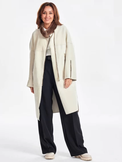 Женское пальто из овчины с воротником из меха норки премиум класса 2022, белое, размер 50, артикул 63300-0